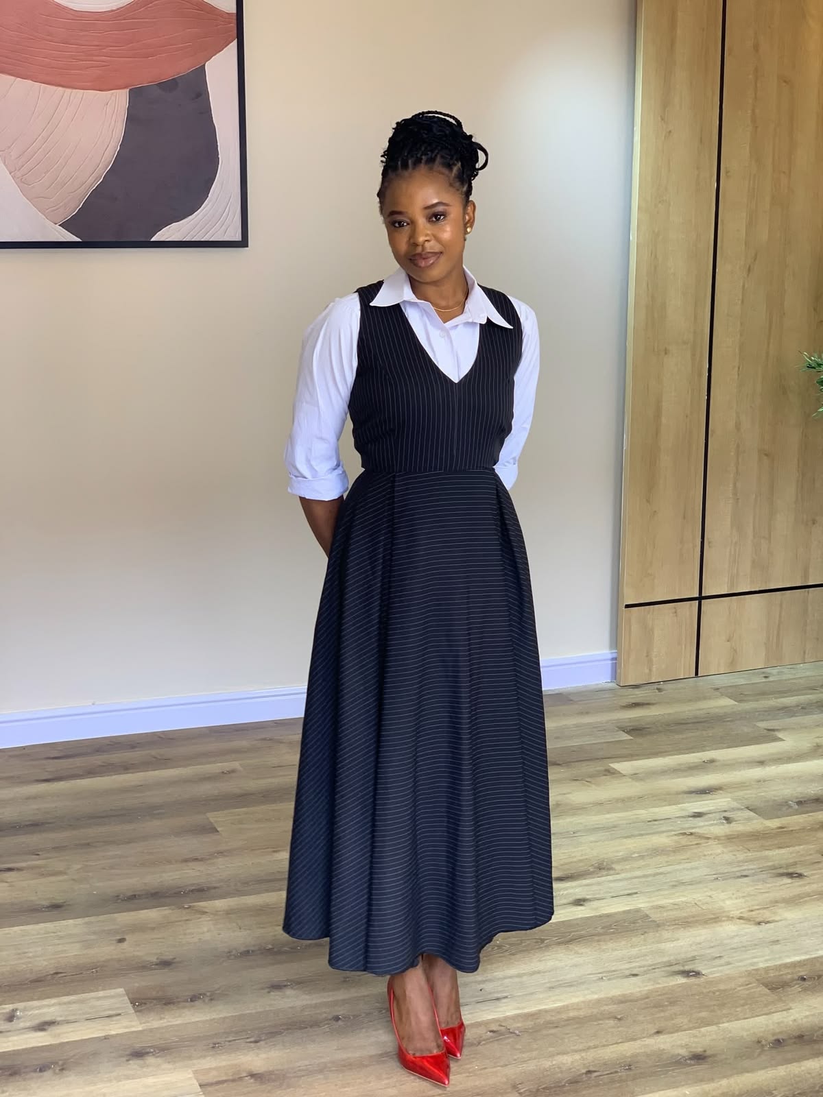 Pinstripe pinafore maxi with white shirt