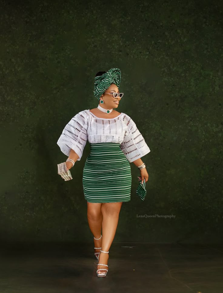 Green aso-oke top & striped pencil skirt
