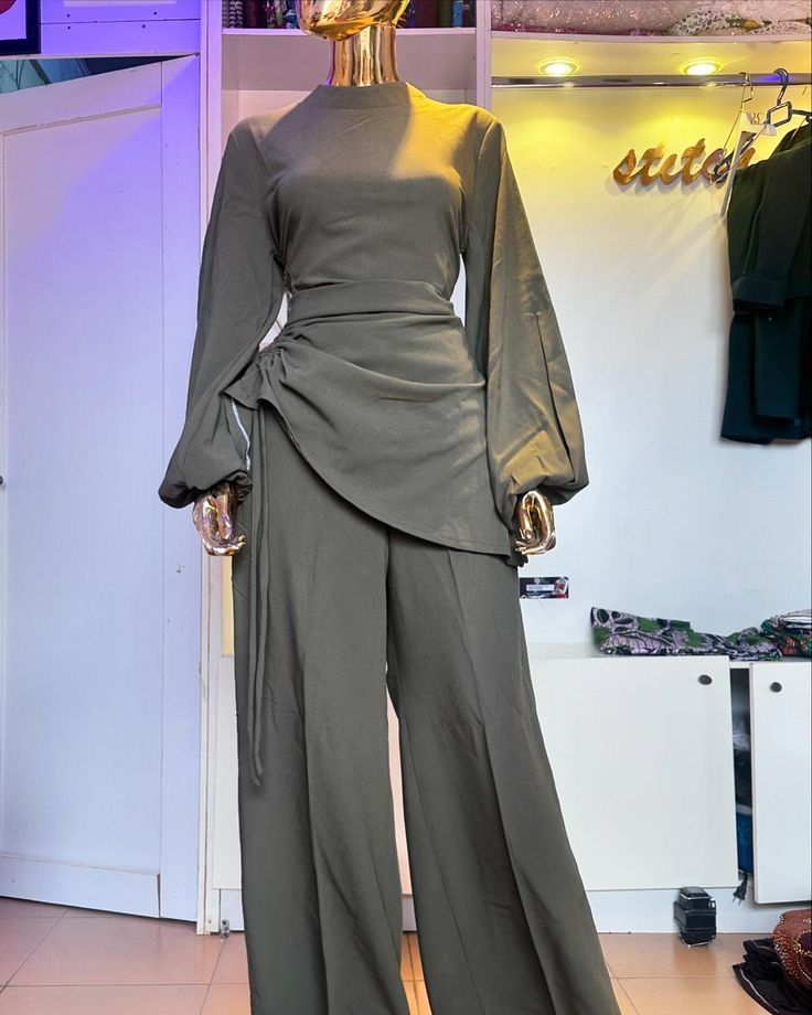 Olive wrap top with wide-leg trousers