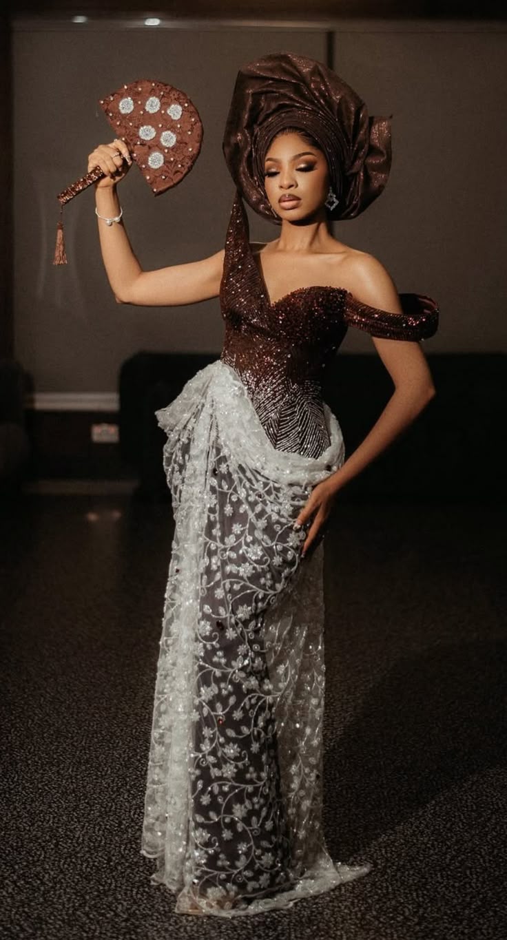 Brown sequin corset & lace wrap skirt