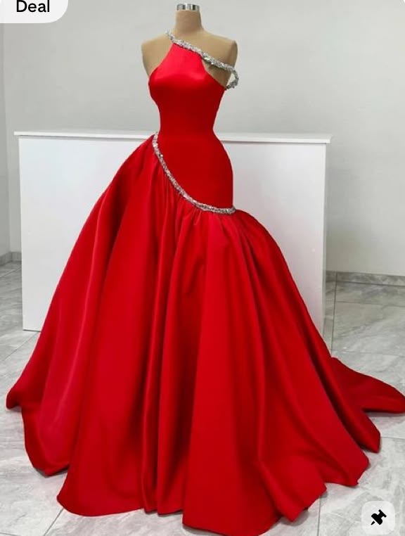 Red satin one-shoulder ball gown with crystal trim