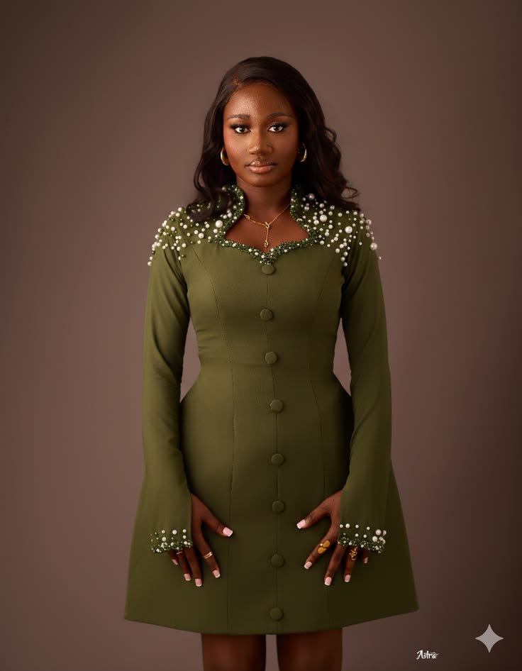 Olive pearl-collar button gown