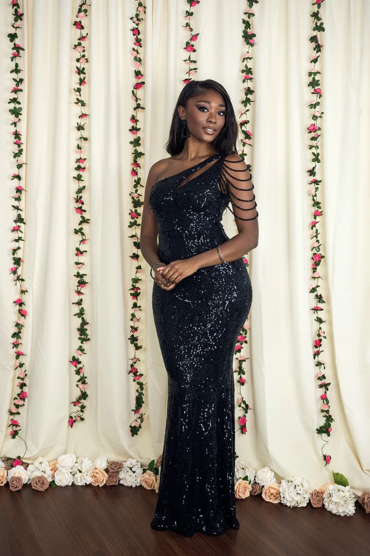 Black sequin one-shoulder beaded fringe gown