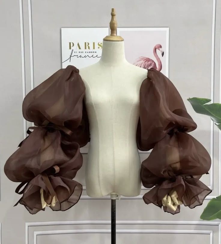 Brown organza ruffle puff sleeves