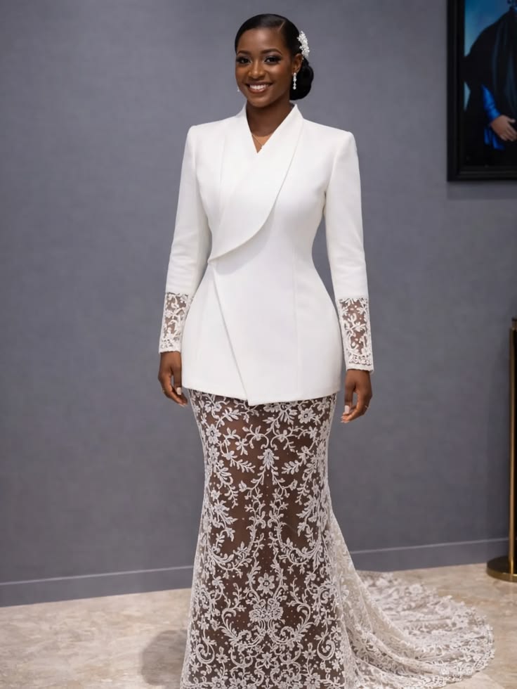 White tuxedo blazer & lace mermaid skirt