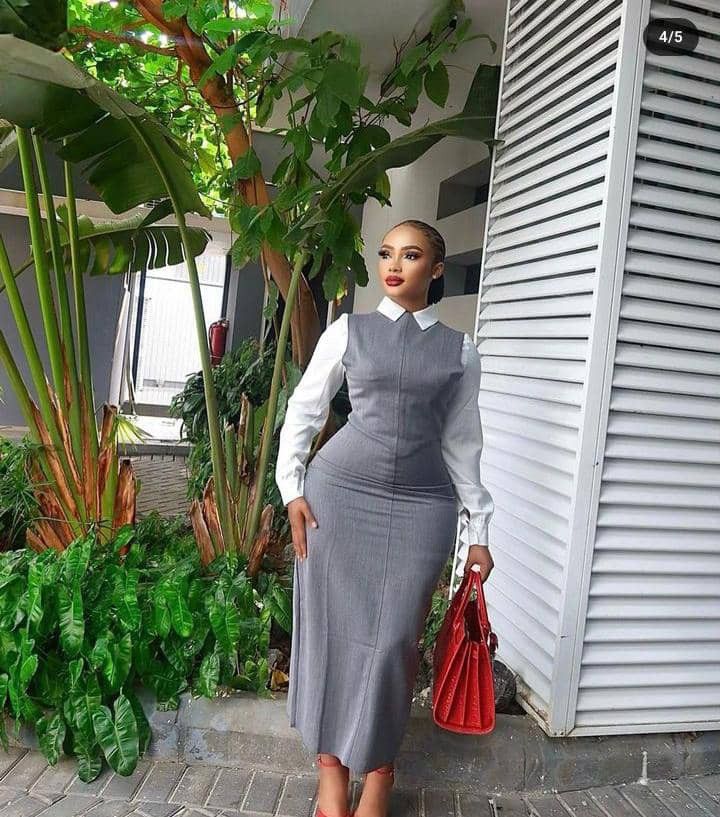 Grey pinafore maxi with white shirt