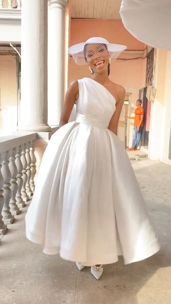 One-shoulder satin tea-length gown