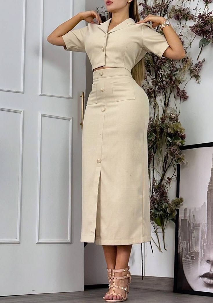 Cream crop shirt & button-front midi skirt