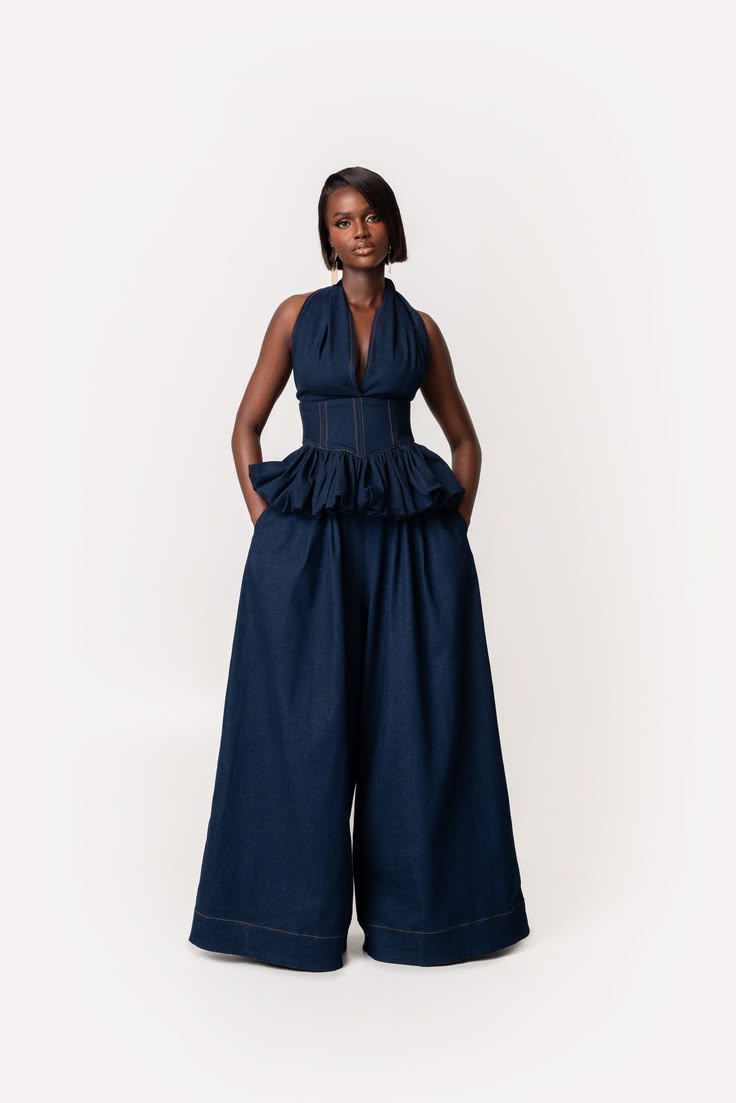 Denim halter peplum top with wide-leg trousers