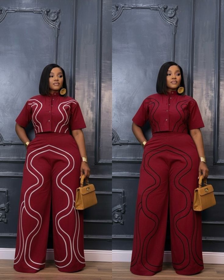 Burgundy embroidered top & wide-leg trousers