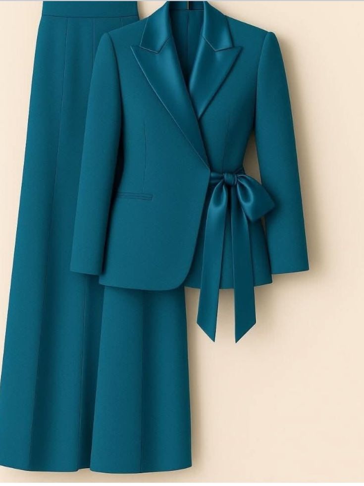 Teal satin bow-tie blazer skirt set