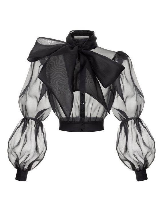 Black organza bow-neck puff sleeve top