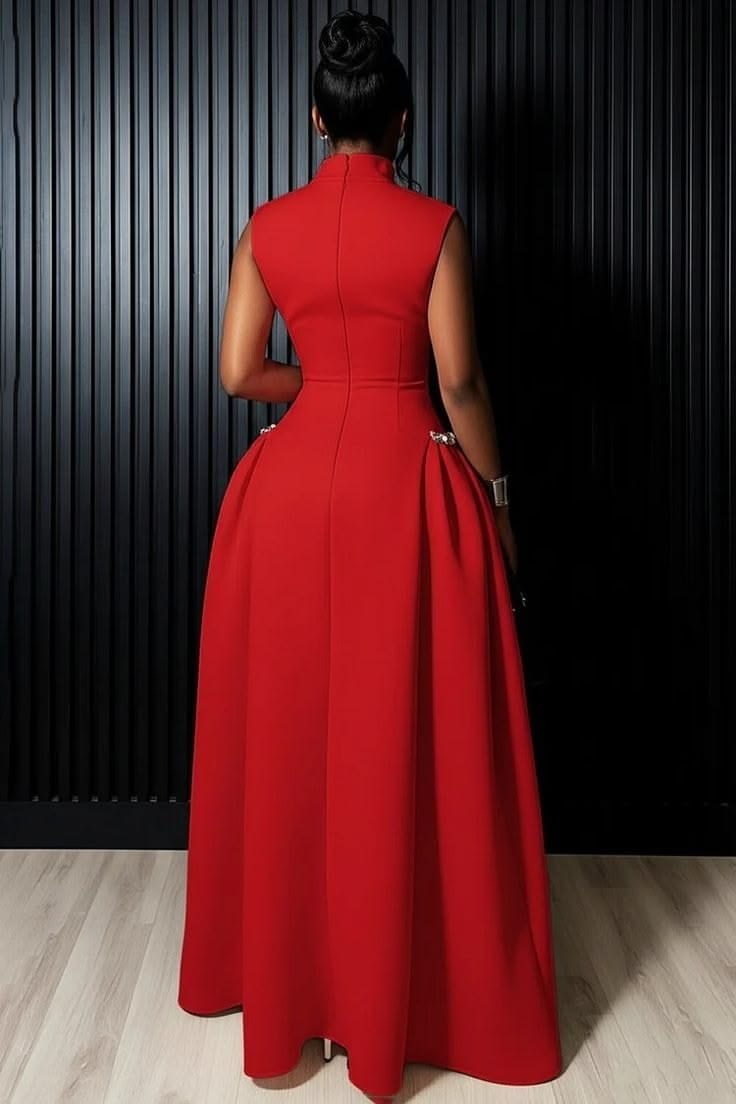 Red high-neck pleated ball gown