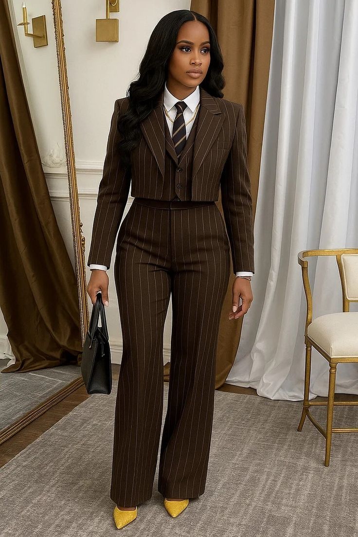 Brown pinstripe cropped blazer suit