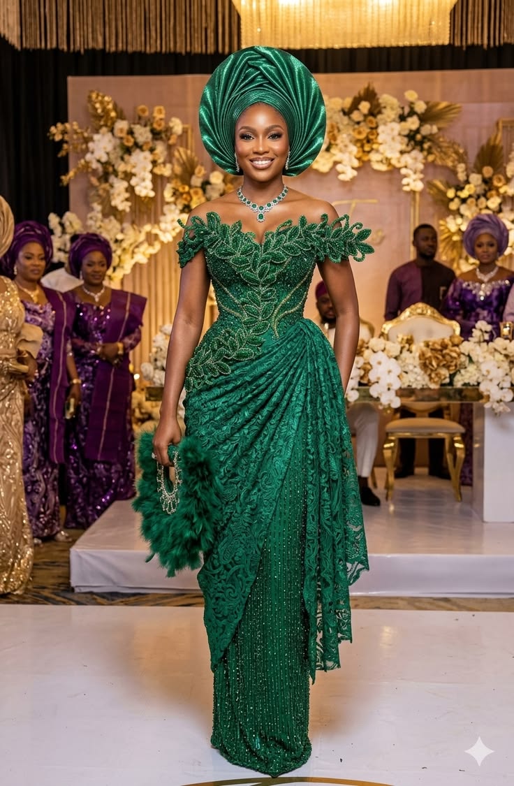 Emerald beaded asoebi gown with gele
