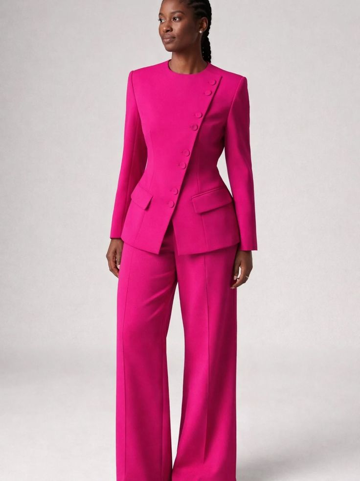Fuchsia asymmetric button blazer suit