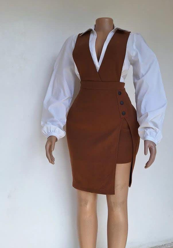 Brown asymmetric pinafore set