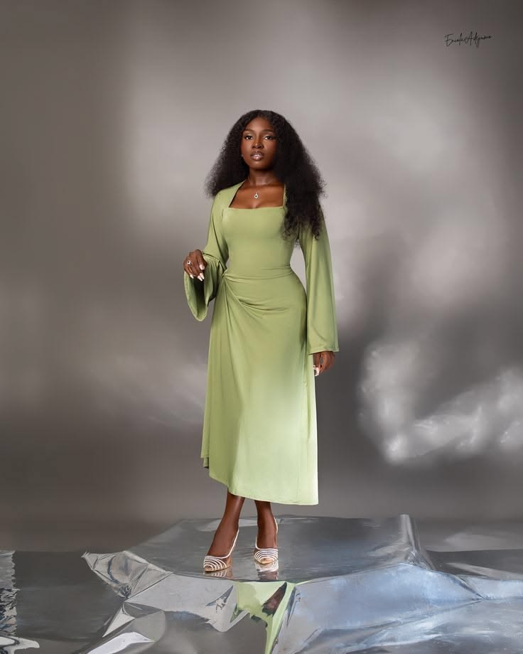 Sage green bell-sleeve midi