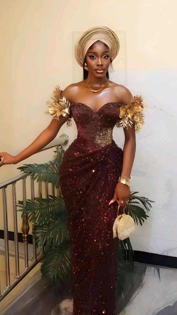 Burgundy gold-shoulder beaded gown