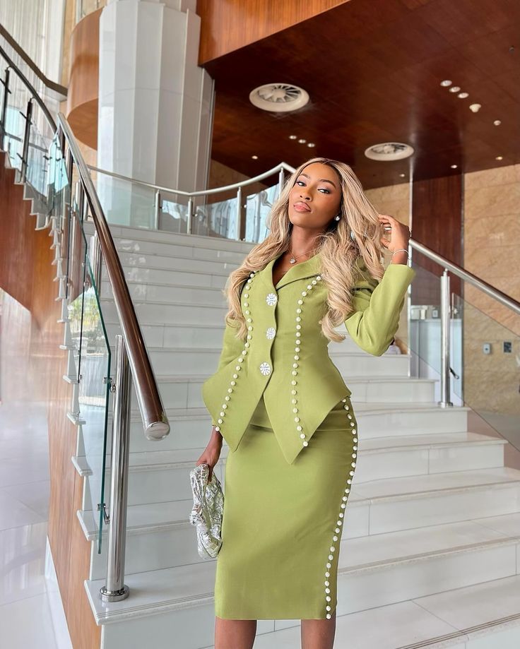 Sage green pearl-trim skirt suit