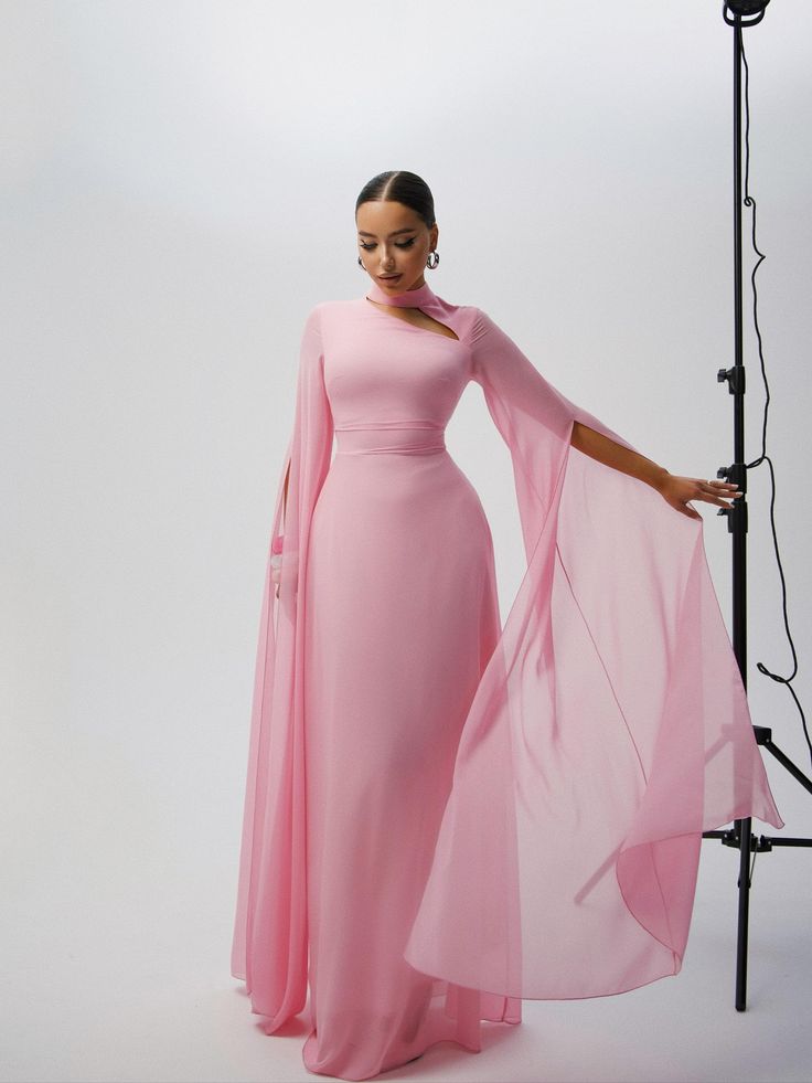 Pink chiffon cape-sleeve maxi gown