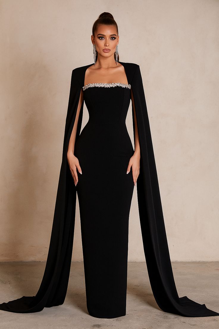 Black strapless gown with crystal-trim cape