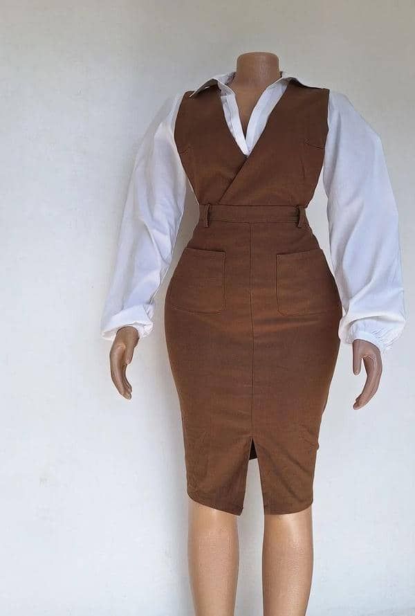 Brown pinafore pencil skirt set