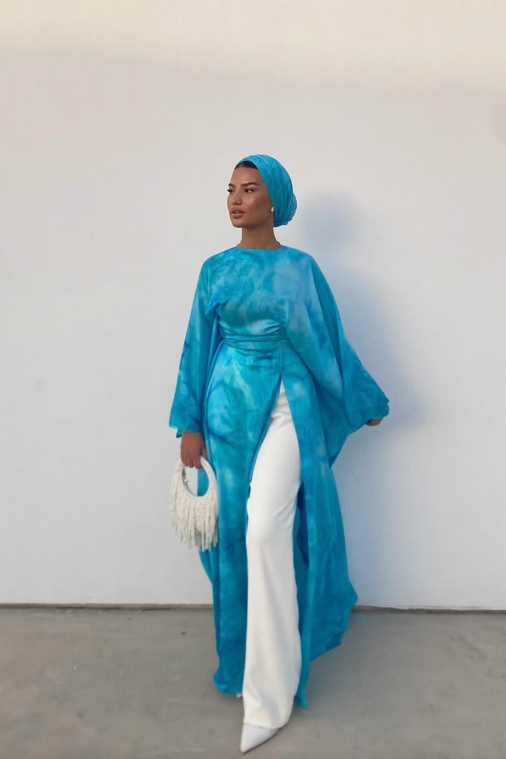 Blue tie-dye kaftan set with white trousers