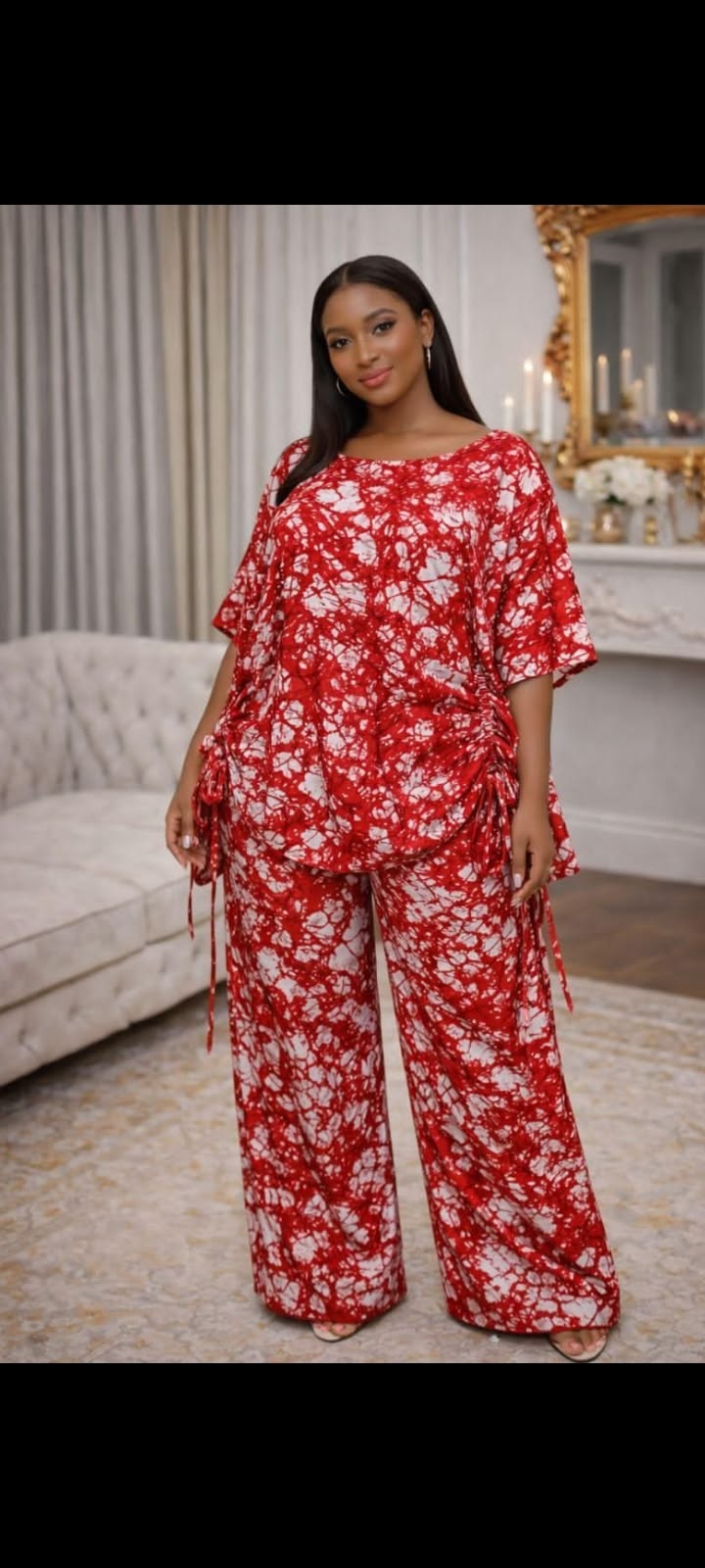 Red batik print top & wide-leg trousers