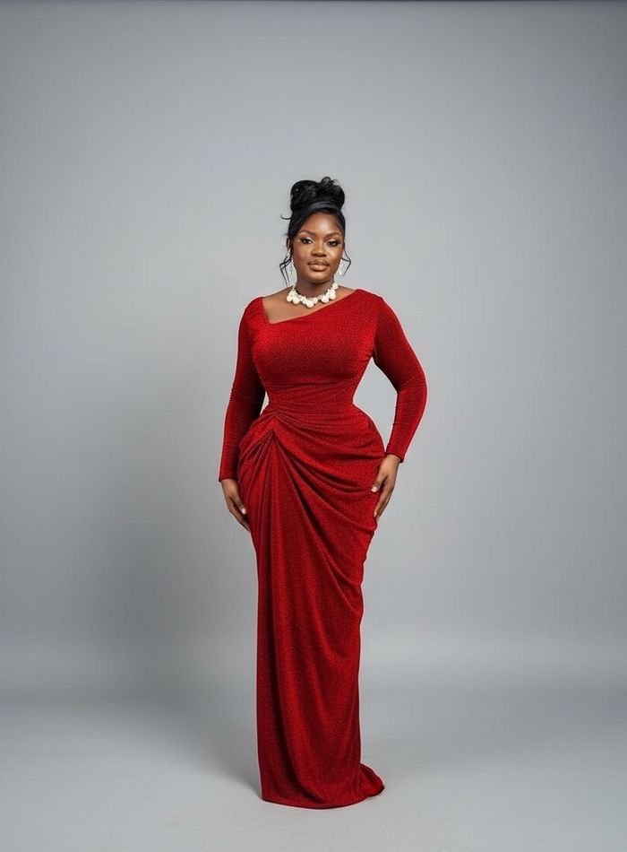 Red ruched draped long-sleeve gown