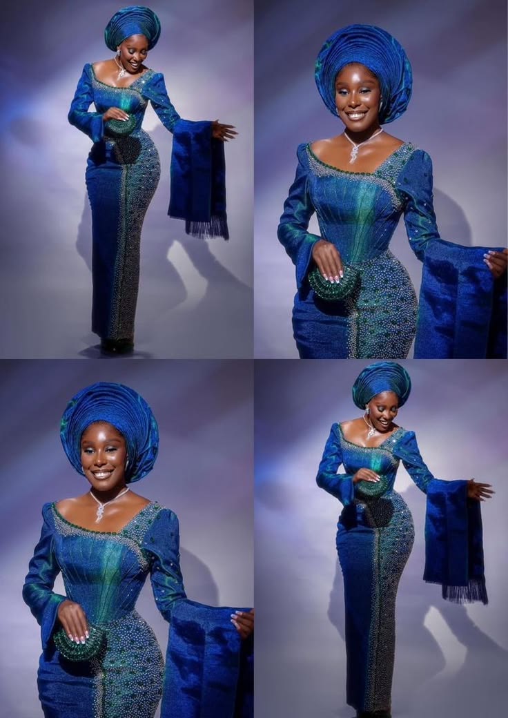 Royal blue beaded gown with gele
